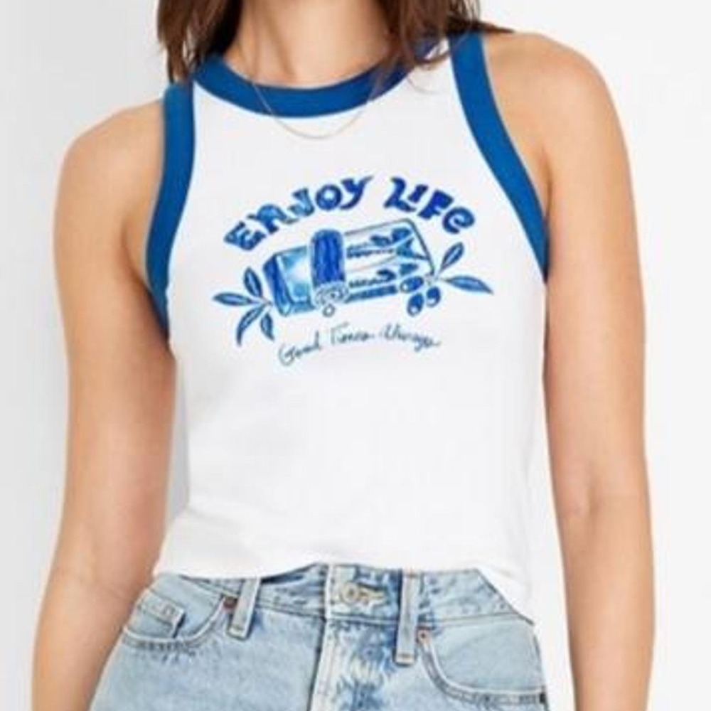 Old Navy Enjoy Life Ribbed Ringer Tank Blue Graphic